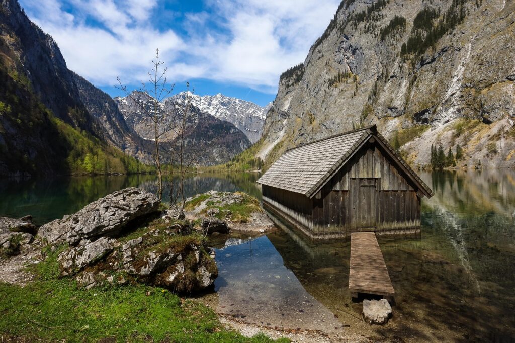 lake, boathouse, mountains, nature, landscape, mountain lake, upper lake, königssee