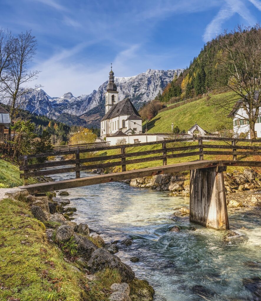 chapel, church, ramsau, berchtesgaden, alps, building, house of prayer, christian, christianity, religion, architecture, faith, bavaria, mountains, bridge, water, flow, nature, bach, stones, reflections, light